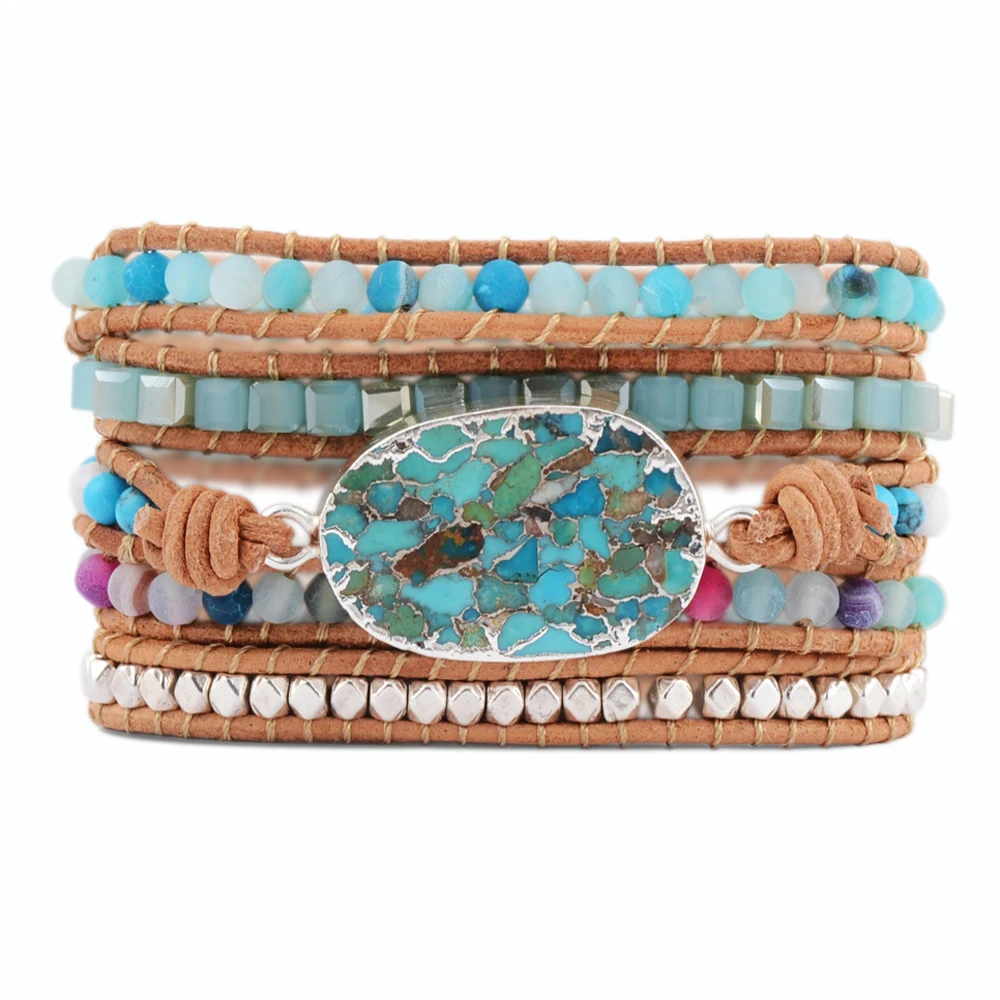 

Unique Mixed Natural Stones Gilded Stone Charm 5 Strands Wrap Bracelets Handmade Boho Bracelet Women Leather Bracelet Dropship