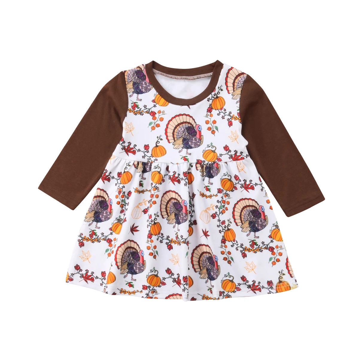 

Newly Infant Baby Girls Dress Thanksgiving Turkey Pumpkin Party Dress Long Sleeve Print A-Line Knee-Length Dress Outfit Autumn