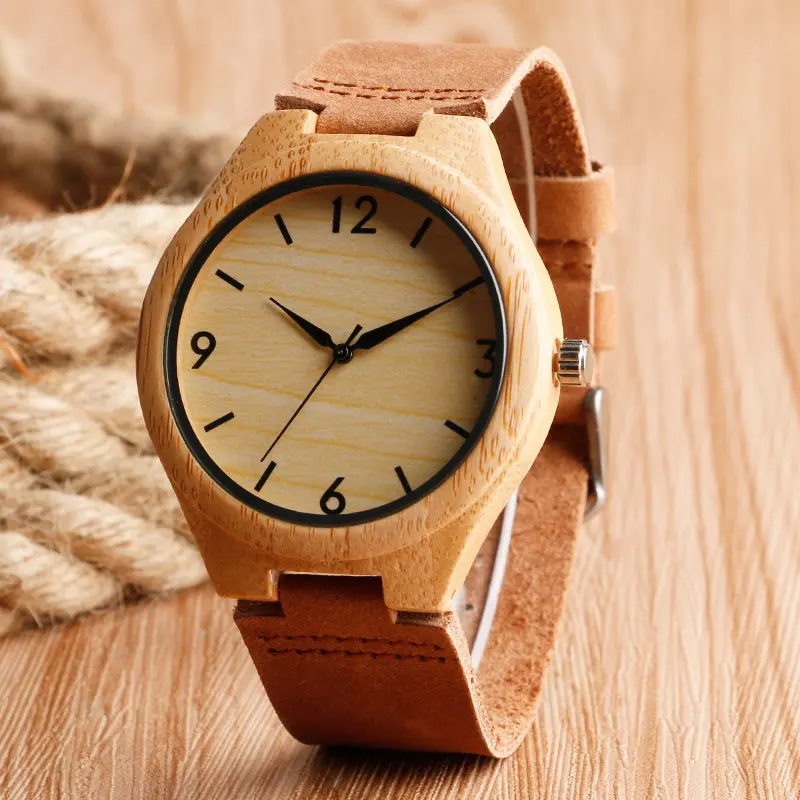 

Hot Sales Natural Wooden Watch Minimalism Simple Light Bamboo Analog Quartz Clock Male Brown Genuine Leather for Men Women Gifts