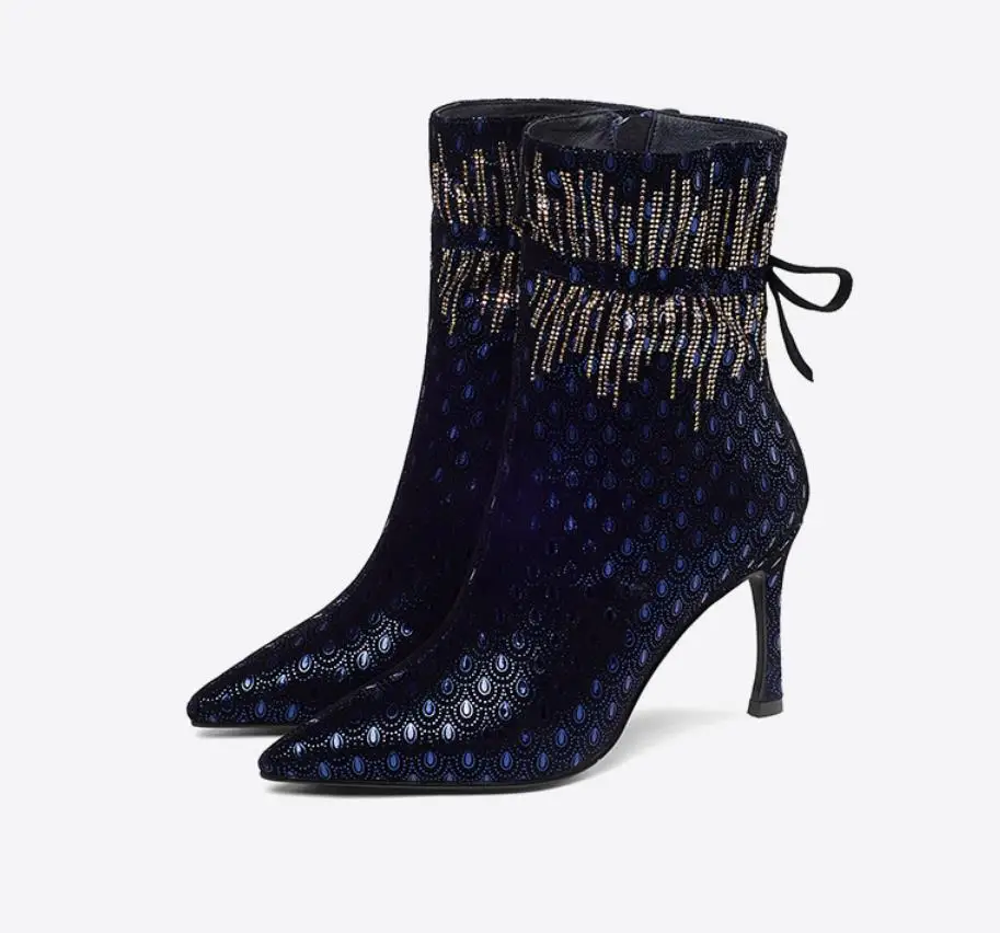 E Tubo Tacón Moda De Azul Otoño Fina Botas Agua Nuevo Medio Martin Cuero Puntiagudo Taladro Invierno BR5xwgq