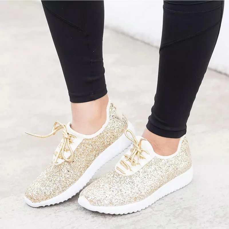 WENYUJH Vulcanized Shoes Women Casual Shoes Women Glitter Sneakers Bling White Sneakers Lace-up Sparkly Shoes zapatos mujer