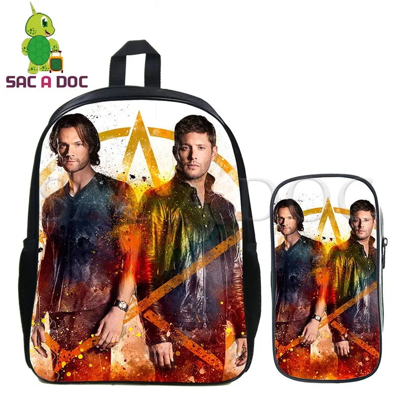 

Supernatural 2 Pcs/set Backpack Sam/Dean/Castiel School Backpack for Women Men Casual Travel Bags Kids Book Bag with Pencil Case