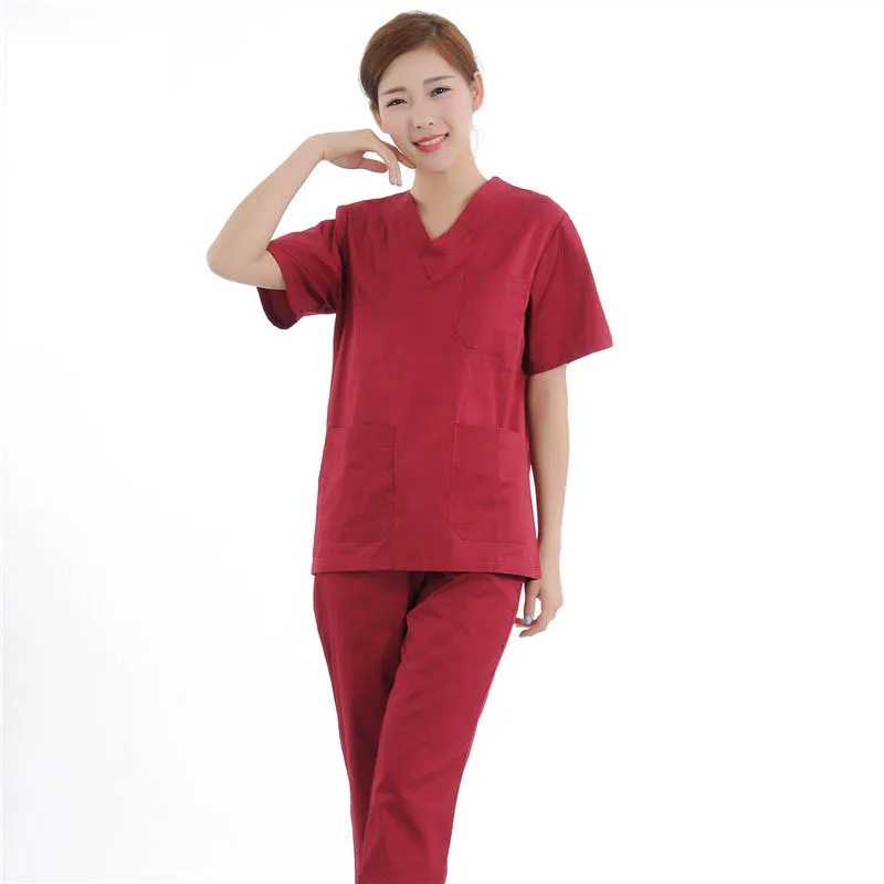

Korean Style Summer Short Sleeve Jujube Red Medical Women Scrub Sets Hospital Lab Coat Scrub Uniforms Doctor and Nurse Workwear