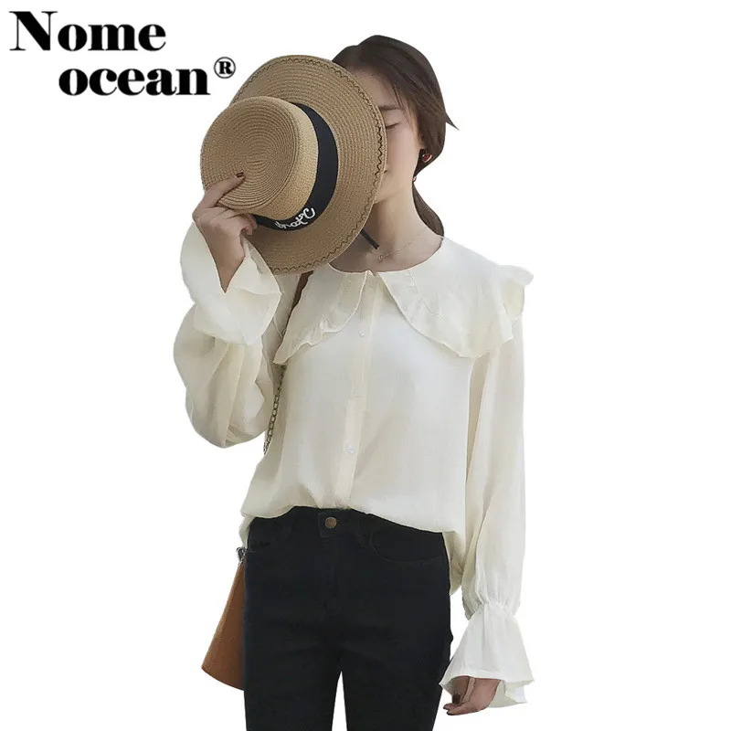 Folded Ruffle Collar Women Shirts Elastic Cuffs Long