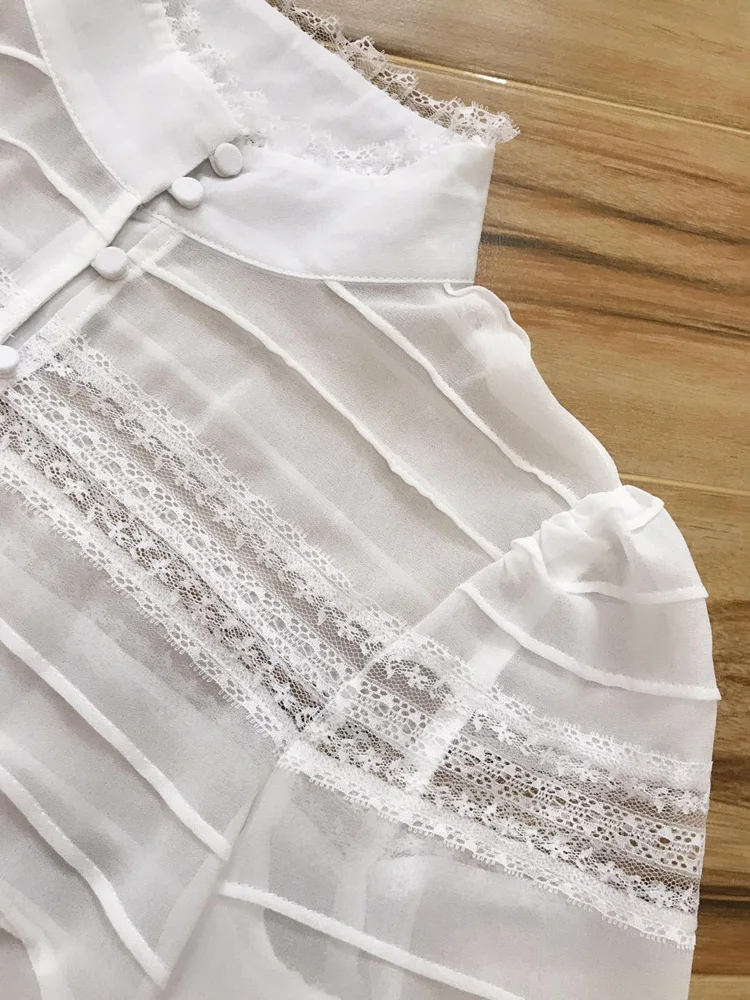 Высококачественная брендовая белая блузка для женщин, кружевная Лоскутная блуза с длинным рукавом в винтажном стиле на пуговицах, женская блузка
