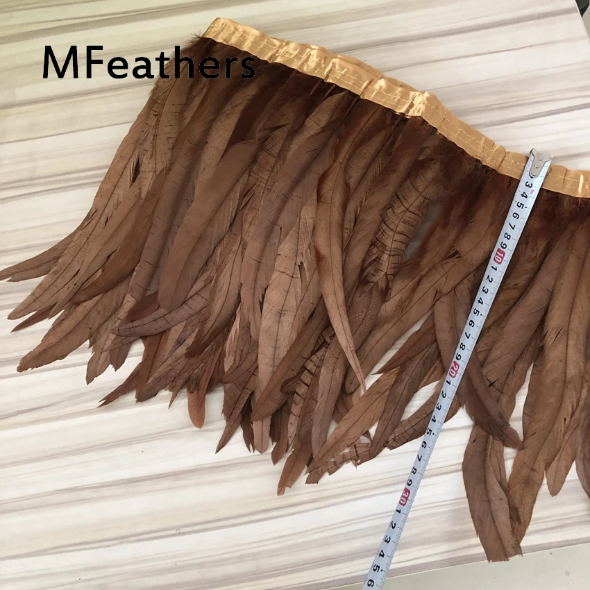 

2Meters Gold Brown Color Dyed rooster tails Feather trim ribbon 35-40cm 14-16inch long chicken feather plumas for cloth decorate