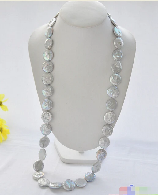 

Huge 33" 22mm gray coin freshwater pearl necklace bowknot clasp