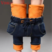 Зимние женские джинсы с высокой талией, джинсовые штаны, теплые брюки, тонкие, плотные, стрейч, флис, карандаш размера плюс, свободные, кружевные джинсы для женщин C454