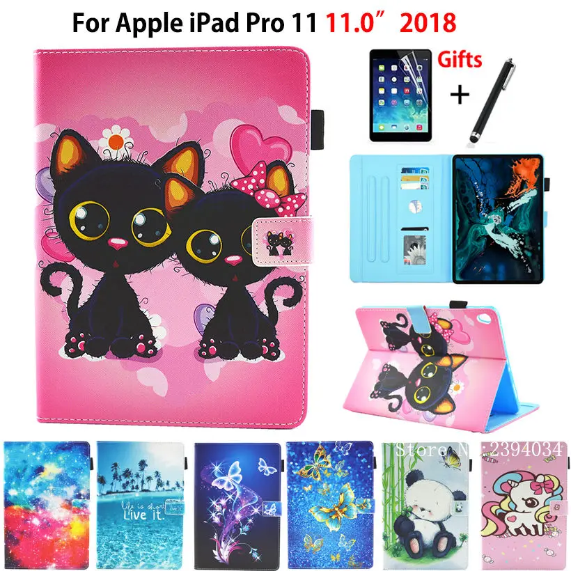 Case For iPad Pro 11&quot (2018) Smart Cover Funda New 11 inch 2018 Cat Panda Pattern PU Leather Stand Shell+Film+Pen | Компьютеры и