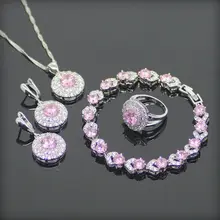 Круглый розовый белый фианит 925 пробы серебряные Ювелирные наборы для женщин серьги/кулон/ожерелье/кольца/браслет