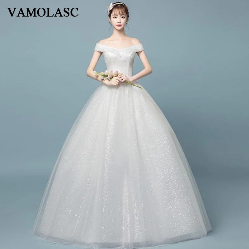 

VAMOLASC Boat Neck Lace Ball Gown Wedding Dresses Sequined Off The Shoulder Short Sleeve Backless Bridal Gowns