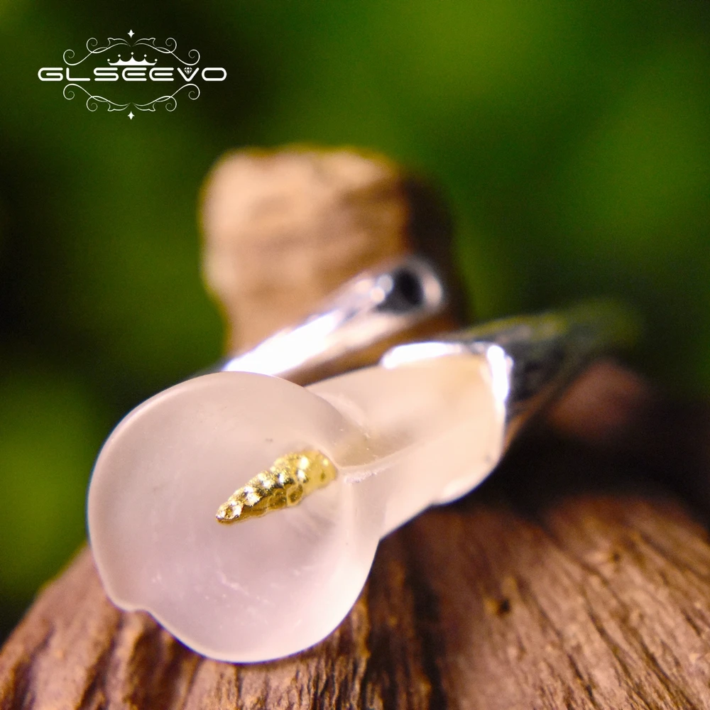 

GLSEEVO Real 925 Sterling Silver Adjustable Ring For Women Natural Crystal Flower Calla Open Ring Handmade Jewelry Anel GR0005