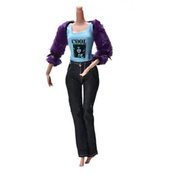Горячая 3 шт./компл. 11 "куклы модная одежда костюм черные брюки пурпурное меховое пальто костюм для куклы аксессуары продажи