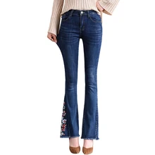 Демисезонный Для женщин Высокая талия узкие цветочный Джинсы с вышивкой Женские Повседневное синий джинсовые штаны брюки женские Джинсы Расклешенные брюки