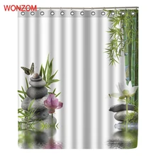 WONZOM Bamboo Lotus Shower Curtain Fabric Bathroom Decor Decoration Cortina De Bano Polyester Flower Stone Bath Curtain Hooks