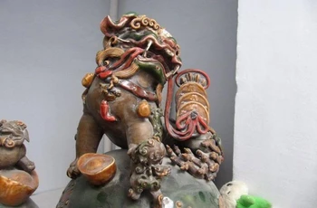 

Chinese Old WuCai porcelain Kirin kylin beast Foo Dog Lion Play Bead Pair 8.02