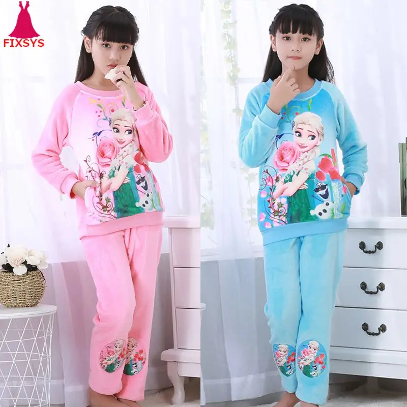 Acheter Hiver chaud enfants polaire filles pyjamas chaud vêtements de nuit en flanelle vêtements de détente corail polaire enfants Pijamas Elsa Pyjama ensemble Homewear
