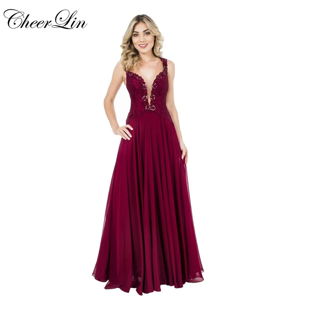 Deep V Neck Prom Dresses vestido de festa Chiffon Lace (5)