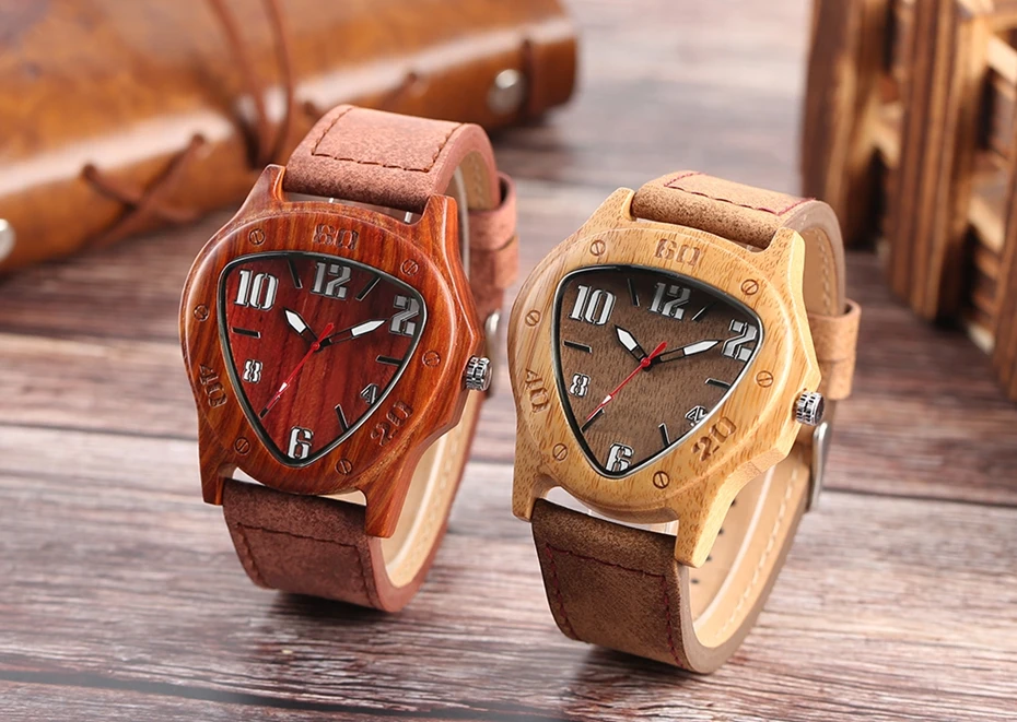 2017 Luxury Noble Men Wooden Watch New Fashion Triangle Dial 100% Natural Wood Quartz Genuine Leather Casual Male Handmade Gifts Christmas New Years gifts (35)