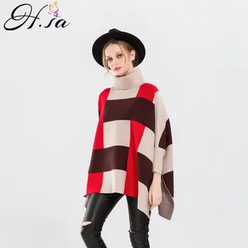 

H.SA 2017 Autumn Women Pull Sweater Turkleneck Sweater Jumpers Fashion Plaid Oversized Poncho Sweaters Knitting Poncho Jumpers