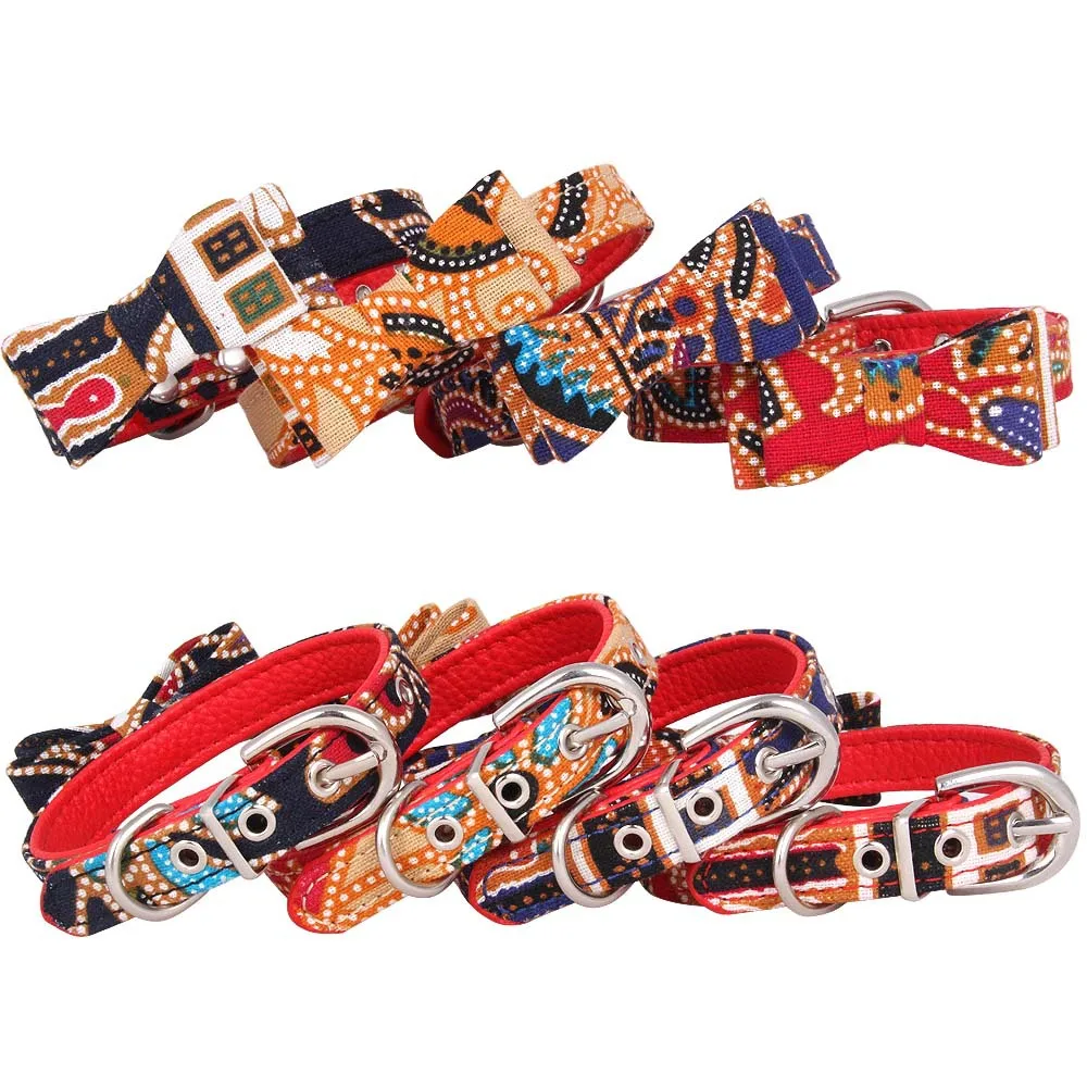 pawstrip Print Small Dog Collar Cute Bow Cat Collar Adjustable Puppy Collar Leather Dog Leash For Chihuahua Pomeranian XS-L