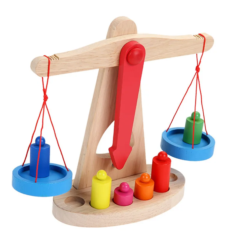 Safe Kid Children Math Toy Gift Small Wooden Balance Scale with 6 Weights for Kids Math