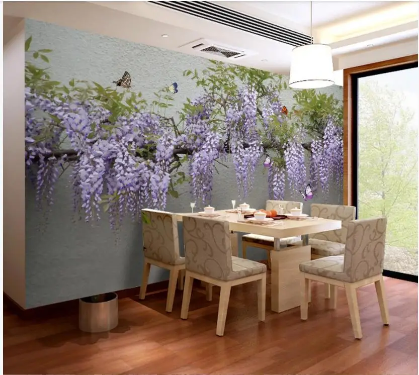 Высокое качество пользовательские 3d занавески ткань 3D цветы глицинии бабочка ТВ диван фон настенная живопись