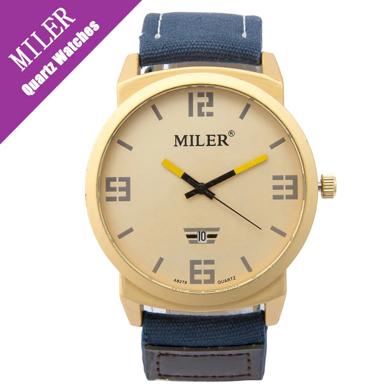 

Miler Men Casual Cowboy Watch Leather Brand Reloj Hombr Black Dial Hand Clocks Auto Date Dress Round Canvas Quartz Wristwatches