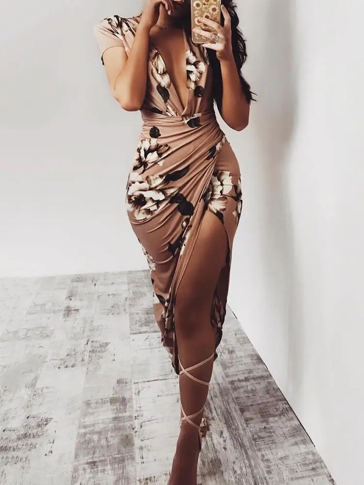 

Sexy Women Floral Print Dress Summer Party Clubwear Dress Short Sleeve V-Neck New Fashion Female Clothes