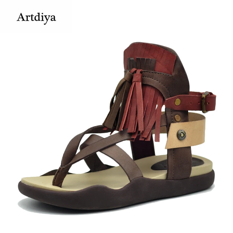 

Artdiya Summer New Flat Women Sandals Genuine Leather Handmade Fringe Casual Sandals Roman Beach Shoes 510-6