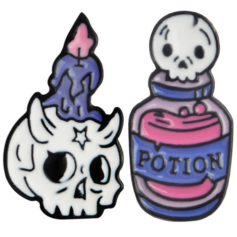 

Cartoon Skull Candle Death Potion Brooch Star Skeleton Elf Enamel Pin Leather Coat Lapel Badge Halloween Kids And Friends Gifts