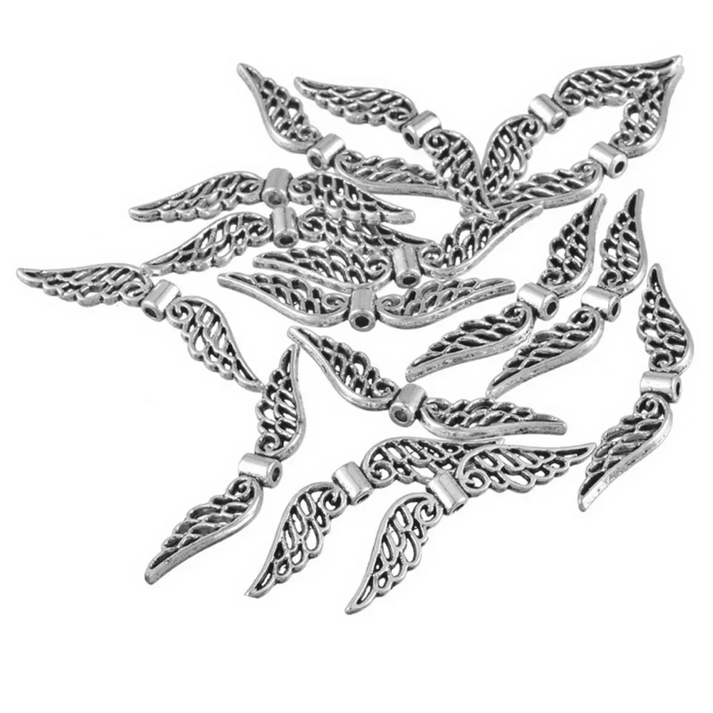 

50pcs Silver Angel Wing Spacer Beads Tibetan Retro DIY Jewelry Pendant 32x7mm For Jewelry Making