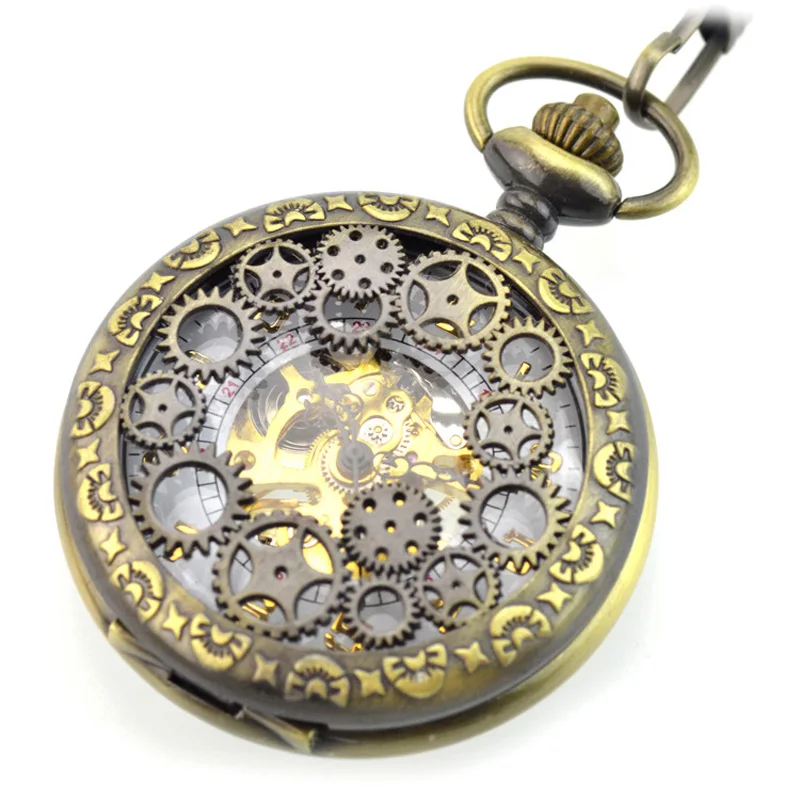 2017 Steampunk Pocket Watch Men Fashion Bronze Skeleton Mechanical Hand