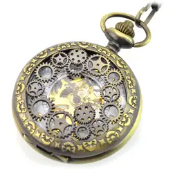 2017 стимпанк карманные часы Для мужчин Мода Бронзовый Скелет Механический ручной взвод карман Часы с цепочкой ФОБ Часы