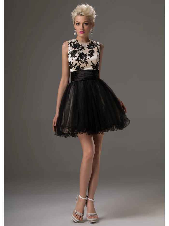 Real Vintage Short Black Prom Gowns Nude Bodice A line Sleeveless High