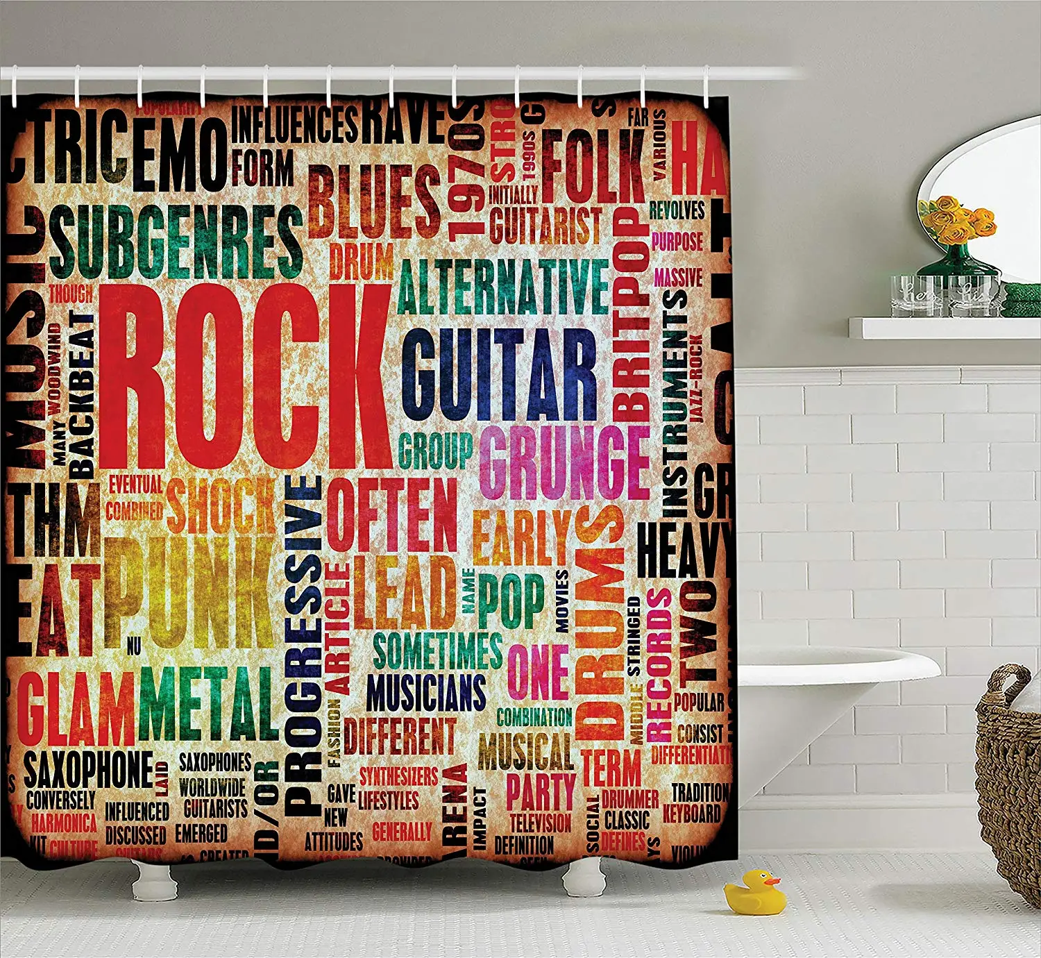 

Music Shower Curtain Retro Rock and Roll Symbol Lettering in Grunge Distressed Colors Back Then Sound Music Theme Bathroom Decor