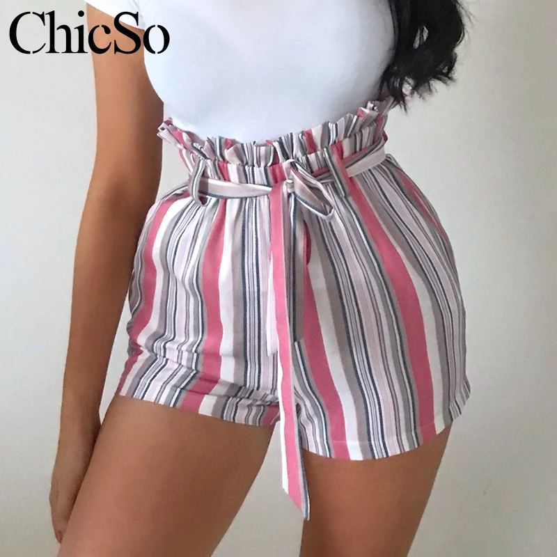 MissyChilli многоцветные полосатые шорты с оборками высокой талией женские летние