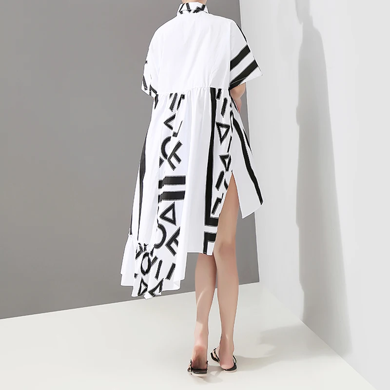 Корейский стиль женское летнее стильное белое платье-рубашка с геометрическим принтом для девушек размера плюс повседневное подиумное платье миди милое платье 5114