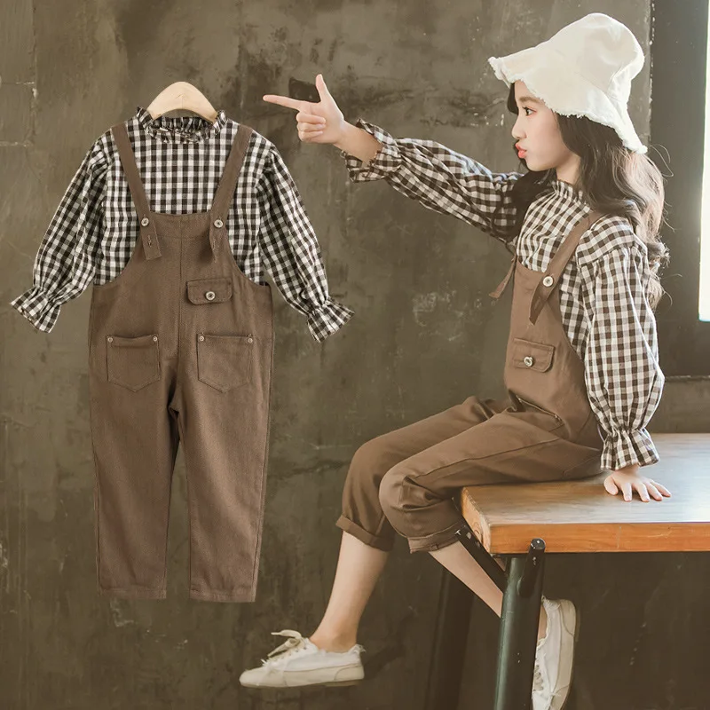 Girls Clothes 6-12 Y Autumn Long Flare Sleeve Blouse 2 PCS Set (Blouse + Bib Pant) Fashion Korean Style Spring Outerwear Suits | Мать и