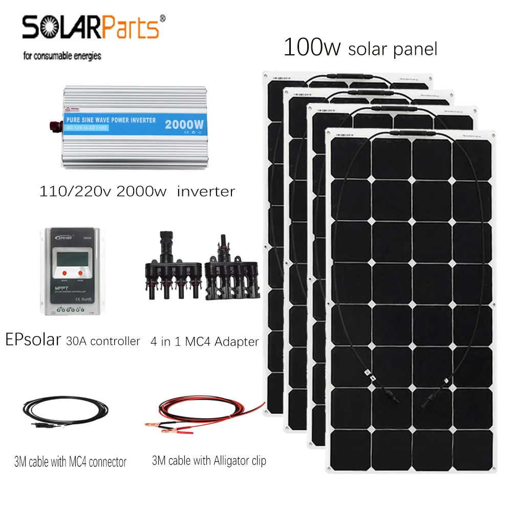 Solarparts 4*100w flexible solar panel 400w solar system cell EPsolar 20A controller solar cable with MC4 connector for yacht/RV mc 4 11 01 400
