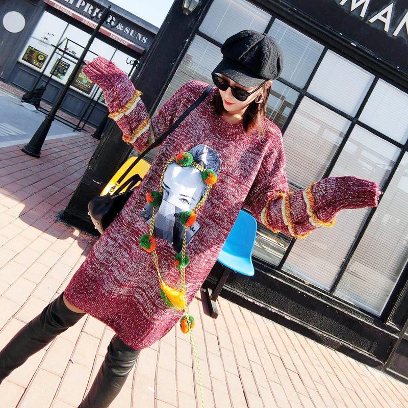 

Long Women's Sweater 2018 Autumn and Winter New Thailand Tide Brand Stripe Loose Medium Long Patch Cloth Knit Sweater