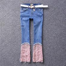 Европейская станция Ранняя весна новые бриллиантовые шипованные джинсы с бахромой брюки Личность кисточка край отверстие тонкие микро расклешенные брюки