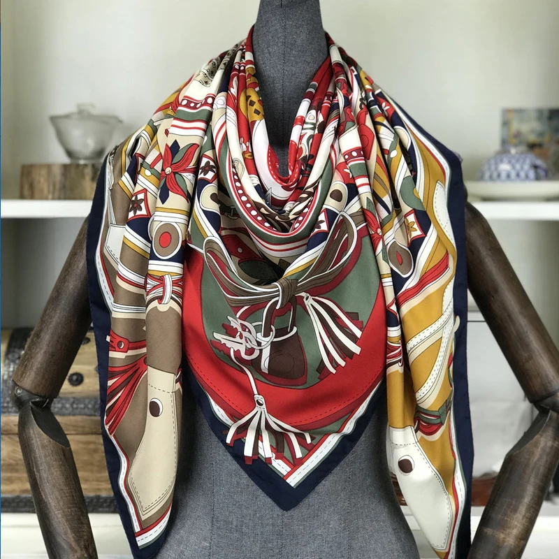 Саржевый шелковый шарф, Женская шаль в клетку с принтом, Echarpe Fourlard Femme, квадратные женские шарфы, банданы Bufandas Mujer 130*130 см