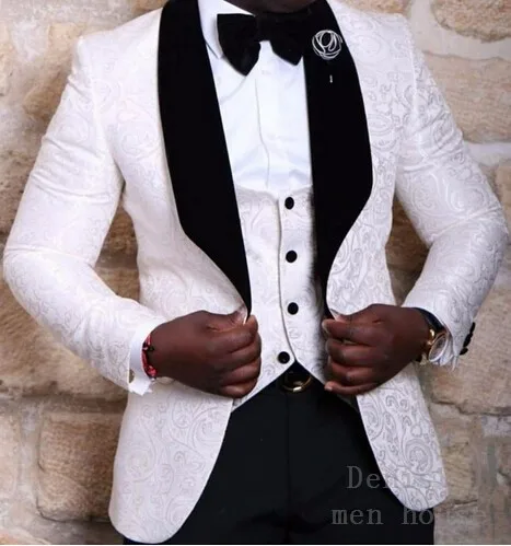 

2018 Latest Designs White Pattern Wedding Suits Groom Tuxedo Slim Fit Regular Single Breasted Custom Suits (Jacket+vest+Pants)
