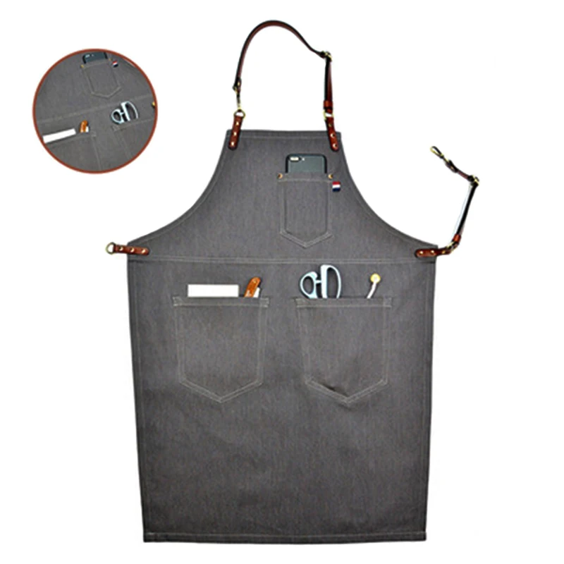 2018 Senior Denim cowboy BBQ Apron Bib Leather Straps Kitchen Apron for Women Men Barber cooking Restaurant Waitress Print Logo