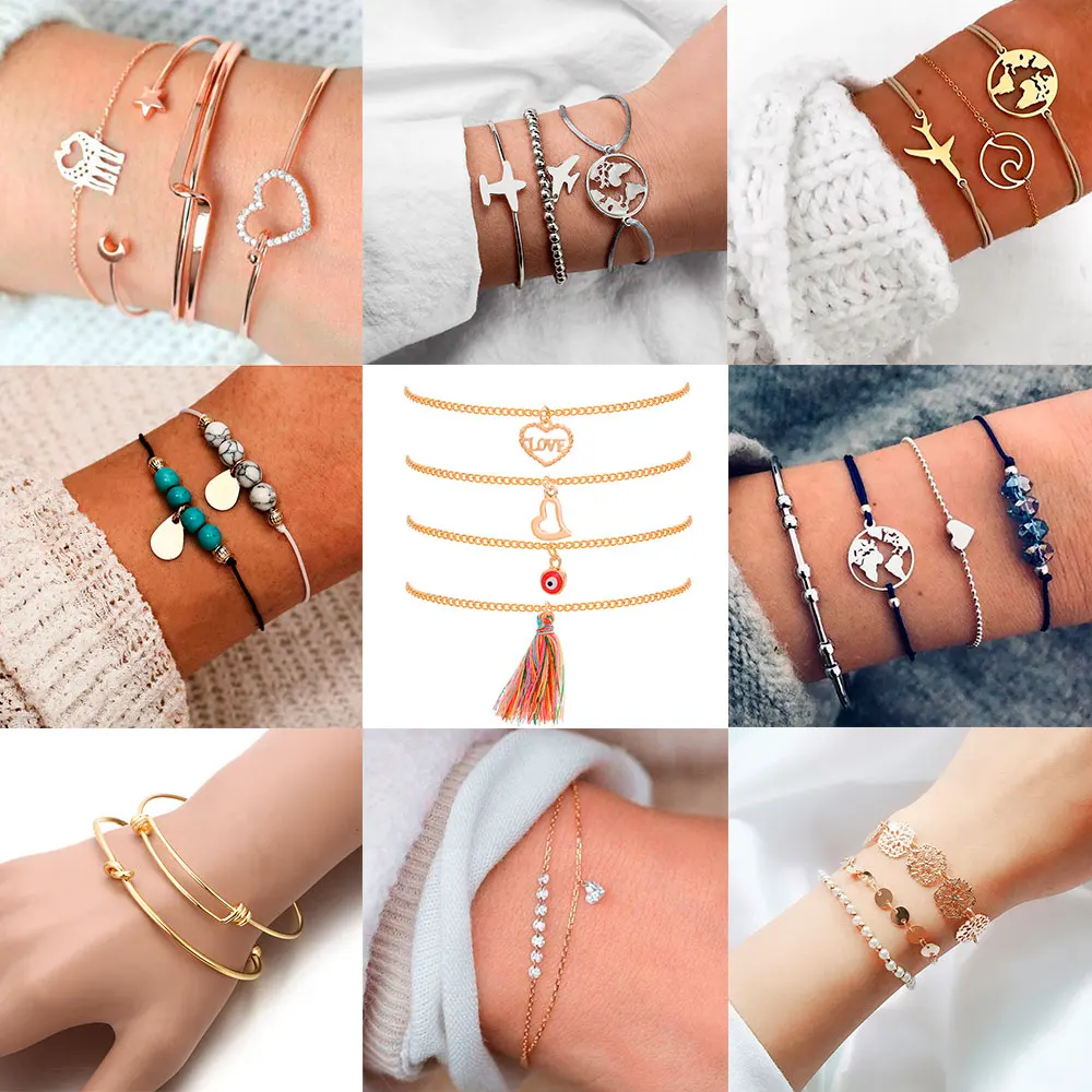 

30 Style Boho Bangle Elephant Heart Shell Star Moon Bow Map Crystal Bead Bracelet Women Charm Party Wedding Jewelry Accessories