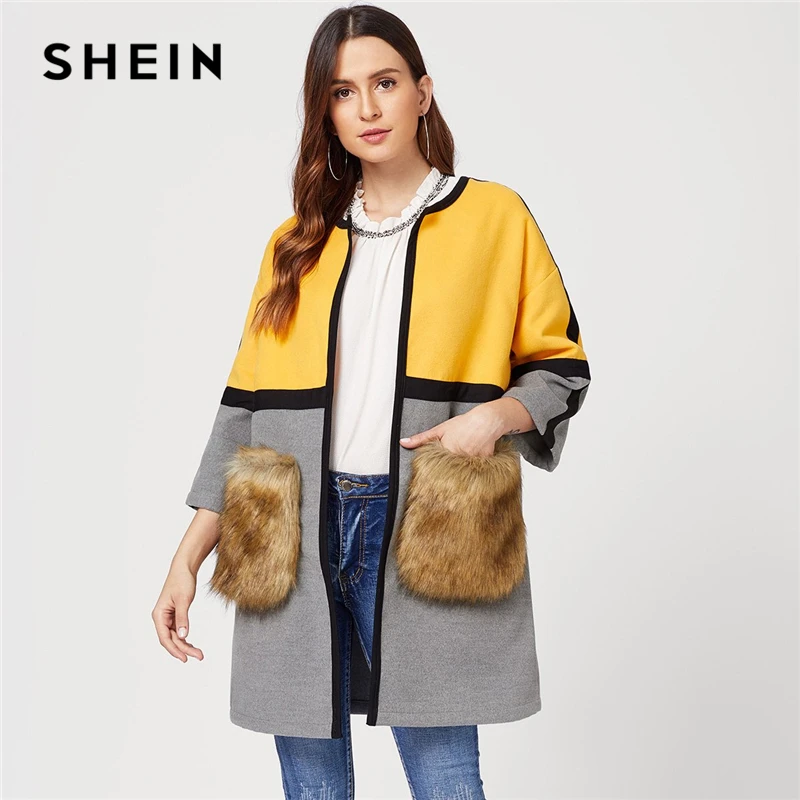 SHEIN Стильный Кардиган С Меховыми Карманами Легкое Пальто Контрастным