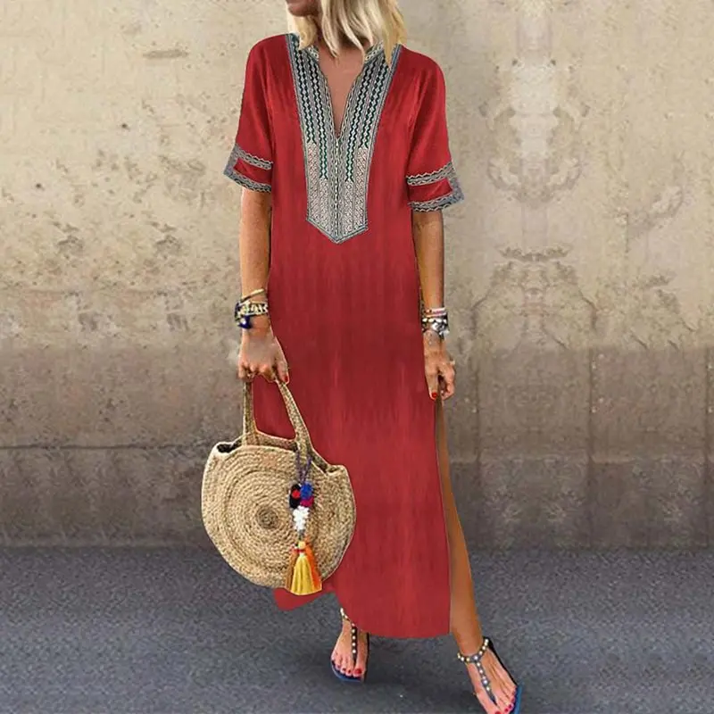 

Ethnic Style Elegant Long Dress Women Boho Simple Print Sexy Split Black Casual Holiday Robe Size Plus Summer Loose Maxi Dresses