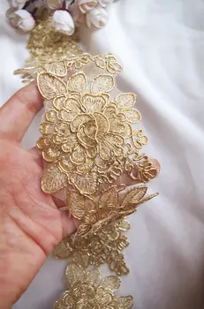 

3D gold cord lace trim with roses, golden alencon lace trim, 10 yards