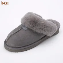 INOE sheepskin leather wool fur lined men home shoes winter suede slippers indoor house shoes for man half slippers high quality